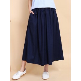 Women Wide Leg Solid Color Cotton Linen Elastic Waist Pants