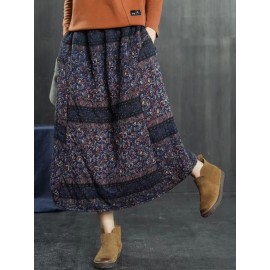 Vintage Women Folk Style Cotton Linen Elastic Waist Skirts with Pockets