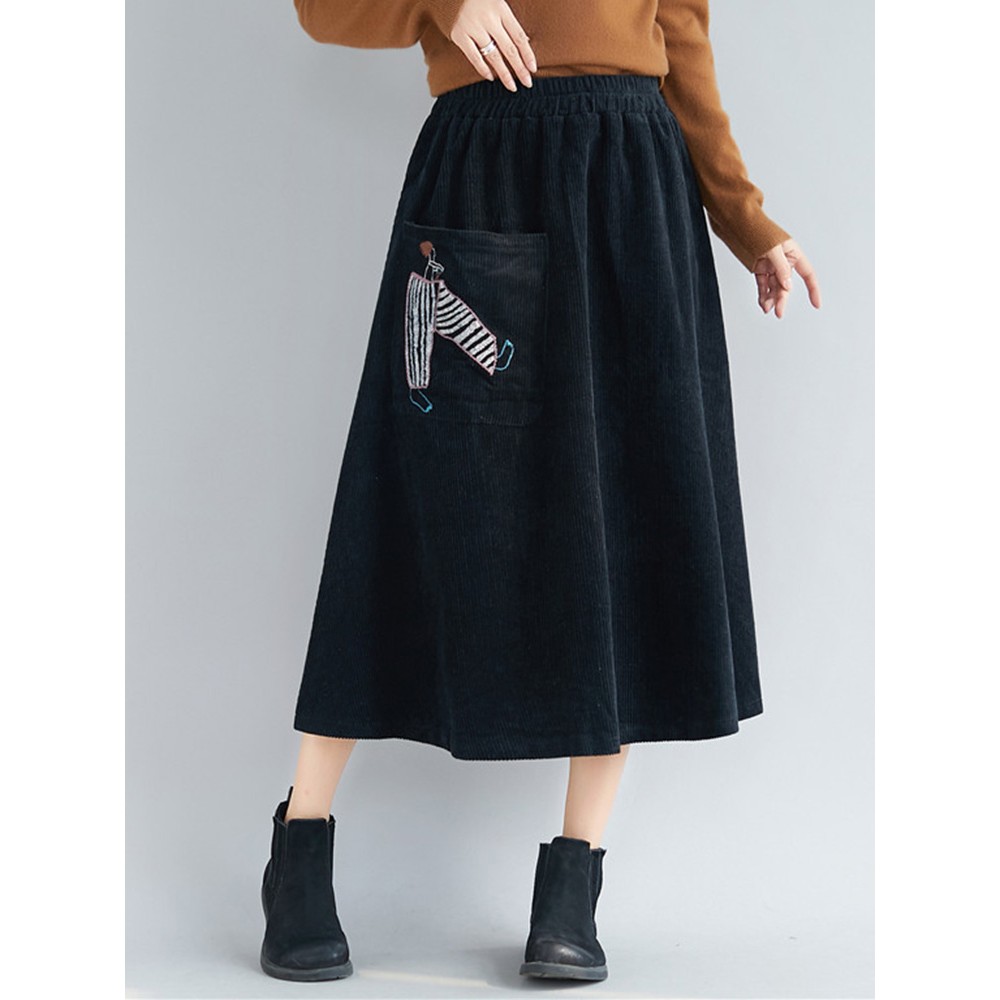 Embroidery Elastic Waist Loose Hem Corduroy Skirts with Pocket