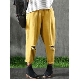 Women Vintage Elastic Waist Pockets Cotton Pants