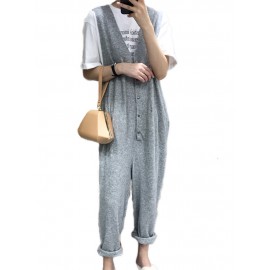 Women Sleeveless Button V-neck Solid Color Jumpsuit Overalls