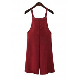 Women Cotton Solid Color Strap Jumpsuit with Pockets