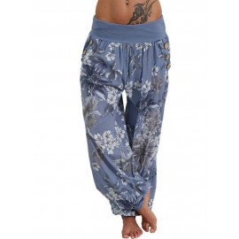 Women Casual Loose Floral Print Button Full Length Pants