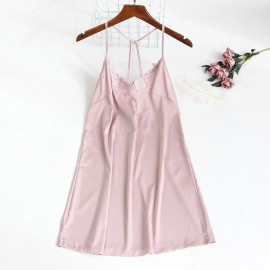 Lace Embroidery Hollow Out Halter No Padded Silk Nightgown