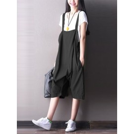 S-5XL Women Cotton Loose Solid Color Jumpsuit with Pockets