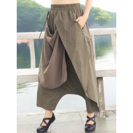 Wide Leg Women Cotton Linen Solid Color Elastic Waist Irregular Pants