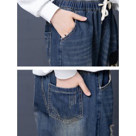 Cartoon Embroidery Hollow Elastic Drawstring Waist Denim Jeans