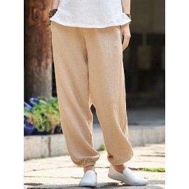 Casual Women Elastic Waist Linen Cotton Solid Pants