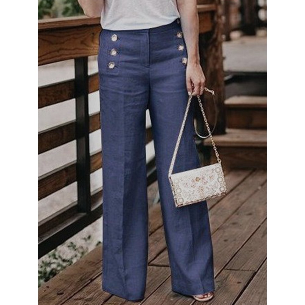 Women Casual Cotton Linen Solid Color High Waist Button Pants