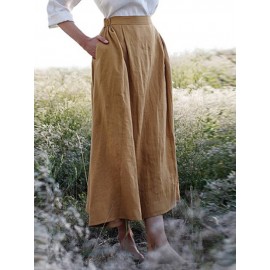 Solid Color Elastic Waist Linen Cotton Loose Hem Skirts