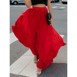 Boho Elastic Waist Pleated Pure Color Women Skirts