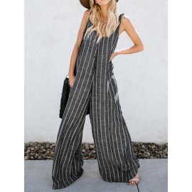 Women Sexy V-neck Sleeveless Striped Pockets Wide Legged Jumpsuit