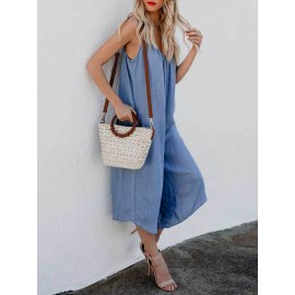 Plus Size Casual Straps Blue Wide Leg Overall Jumpsuit For Women