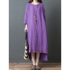 Vintage Women Linen Loose Pure Color Long Sleeve Dress