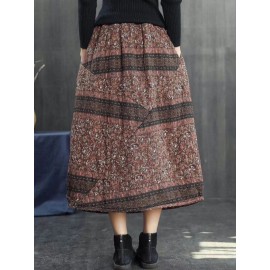 Vintage Women Folk Style Cotton Linen Elastic Waist Skirts with Pockets