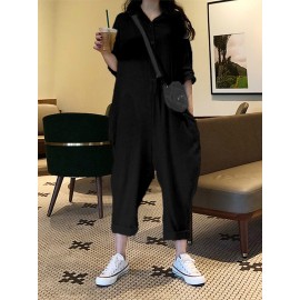 Casual Women Cotton Pure Color Button Long Sleeve Jumpsuit