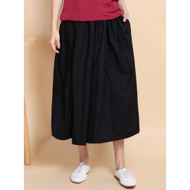 Women Wide Leg Solid Color Cotton Linen Elastic Waist Pants