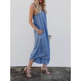 Plus Size Casual Straps Blue Wide Leg Overall Jumpsuit For Women