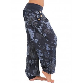 Women Casual Loose Floral Print Button Full Length Pants