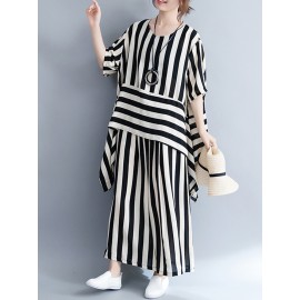 Women Casual Loose Striped Tops+Pants Sets