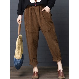 Women Casual Pure Color Elastic Waist Corduroy Harlan Pants