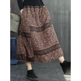 Vintage Women Folk Style Cotton Linen Elastic Waist Skirts with Pockets