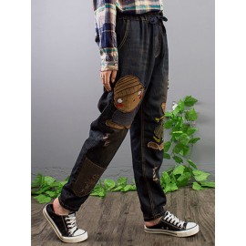 Vintage Women Elastic Waist Embroidery Patchwork Denim Jeans