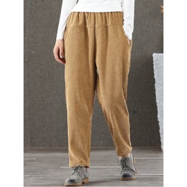 S-5XL Women Casual Pure Color Elastic Waist Corduroy Pants