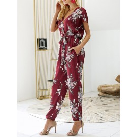 Women Casual V-Neck Floral Print Short Sleeve Jumpsuit with Pockets