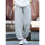 Casual Women Elastic Waist Linen Cotton Solid Pants