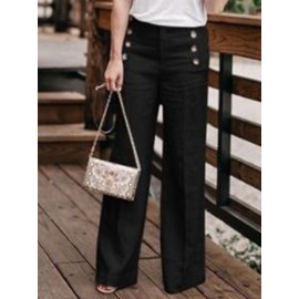 Women Casual Cotton Linen Solid Color High Waist Button Pants