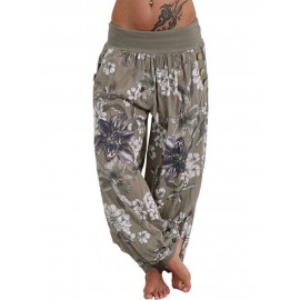 Women Casual Loose Floral Print Button Full Length Pants