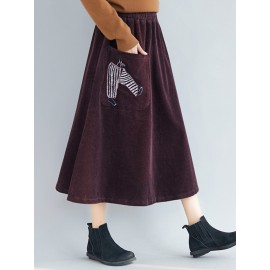 Embroidery Elastic Waist Loose Hem Corduroy Skirts with Pocket