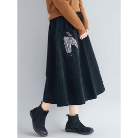 Embroidery Elastic Waist Loose Hem Corduroy Skirts with Pocket