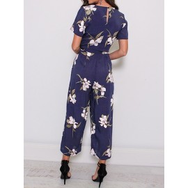 Women Casual V-Neck Floral Print Short Sleeve Jumpsuit with Pockets