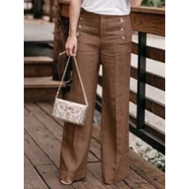 Women Casual Cotton Linen Solid Color High Waist Button Pants