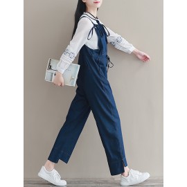 Women Casual Sleeveless Straps High Waist Denim Jumpsuit