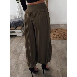 Women Pure Color High Elastic Waist Loose Pleated Pants