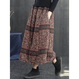 Vintage Women Folk Style Cotton Linen Elastic Waist Skirts with Pockets