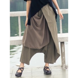 Wide Leg Women Cotton Linen Solid Color Elastic Waist Irregular Pants