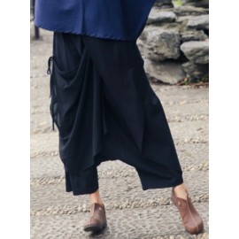 Wide Leg Women Cotton Linen Solid Color Elastic Waist Irregular Pants