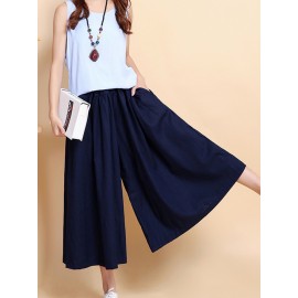 Women Wide Leg Solid Color Cotton Linen Elastic Waist Pants