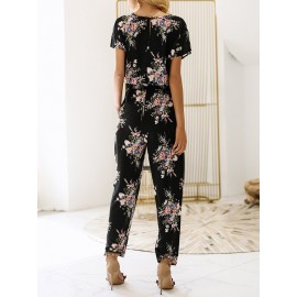 Women Casual V-Neck Floral Print Short Sleeve Jumpsuit with Pockets