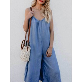 Plus Size Casual Straps Blue Wide Leg Overall Jumpsuit For Women