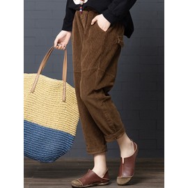 Women Casual Pure Color Elastic Waist Corduroy Harlan Pants