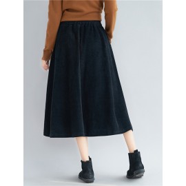 Embroidery Elastic Waist Loose Hem Corduroy Skirts with Pocket