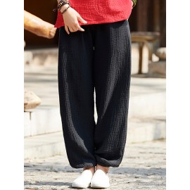 Casual Women Elastic Waist Linen Cotton Solid Pants