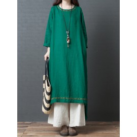 Vintage Women Linen Loose Pure Color Long Sleeve Dress