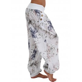 Women Casual Loose Floral Print Button Full Length Pants