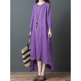 Vintage Women Linen Loose Pure Color Long Sleeve Dress